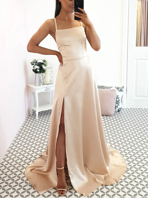 A-line Simple Light Champagne Stylish Elegant Modest Evening Long Prom Dresses PD343