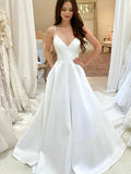 A-line Simple Satin Beach Vintage Long Wedding Dresses WD073