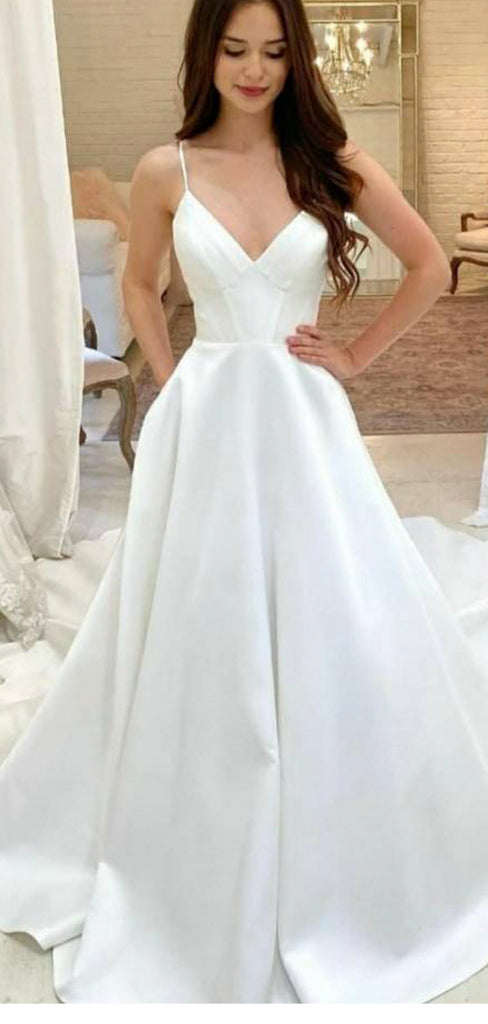 A-line Simple Satin Beach Vintage Long Wedding Dresses WD073
