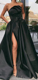 A-line Simple Satin Black Strapless Formal Long Prom Dresses, Evening Dress PD434