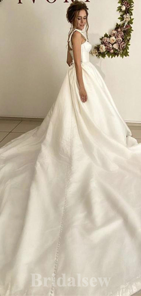 A-line Simple Satin Princess Garden Beach Vintage Long Wedding Dresses, Bridal Gown WD439