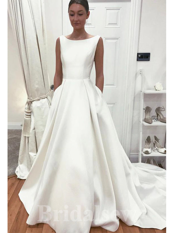 A-line Simple Satin Sleeveless Garden Beach Vintage Long Wedding Dresses, Bridal Gown WD438