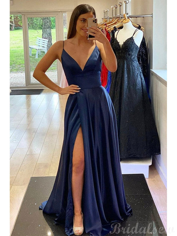 A-line Simple Satin Spaghetti Straps Party Black Girls Slay Evening Long Prom Dresses PD500