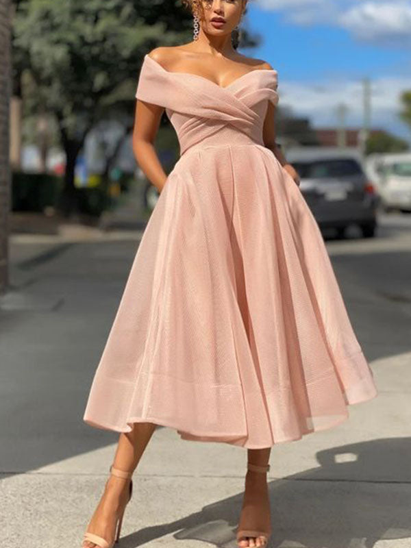 A line Simple Short Prom Dresses Off the Shoulder Formal