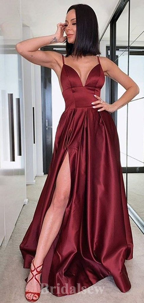 A-line Simple Spaghetti Straps Burgundy Elegant Modest Long Party Evening Prom Dresses PD1341