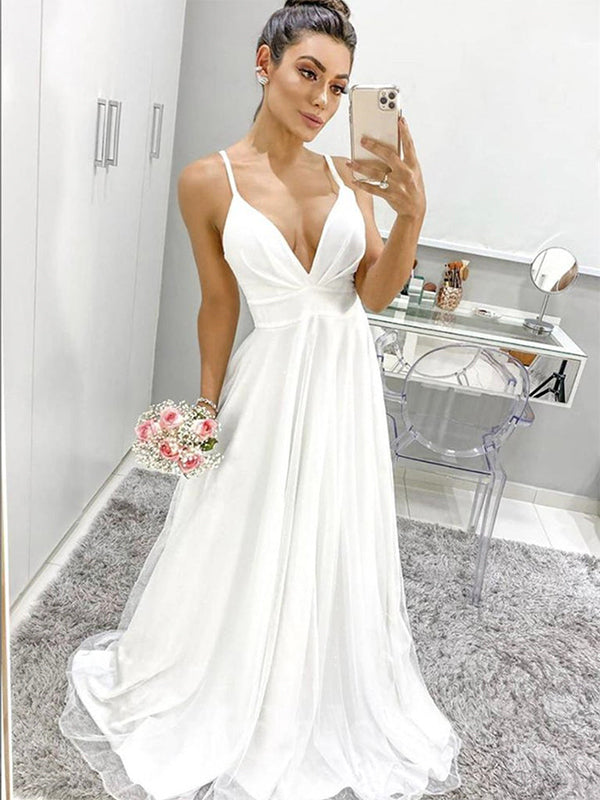 A-line Simple Spaghetti Straps Vintage Dream Beach Elegant Long Wedding Dresses, Bridal Gown WD458