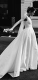 A-line Simple V-Neck Satin Chic Long Ivory Wedding Dresses WD016