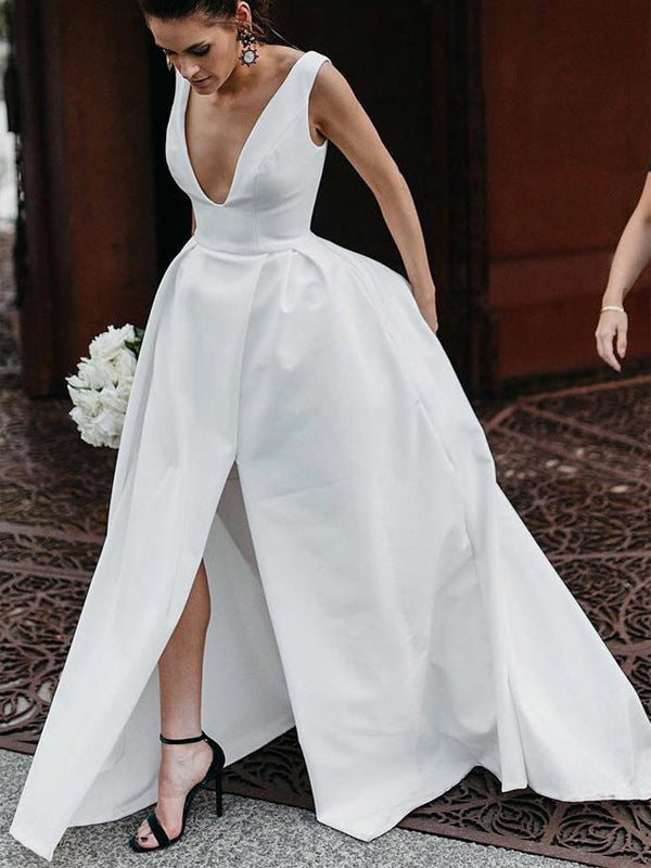 A-line Simple V-Neck Satin Chic Long Ivory Wedding Dresses WD016