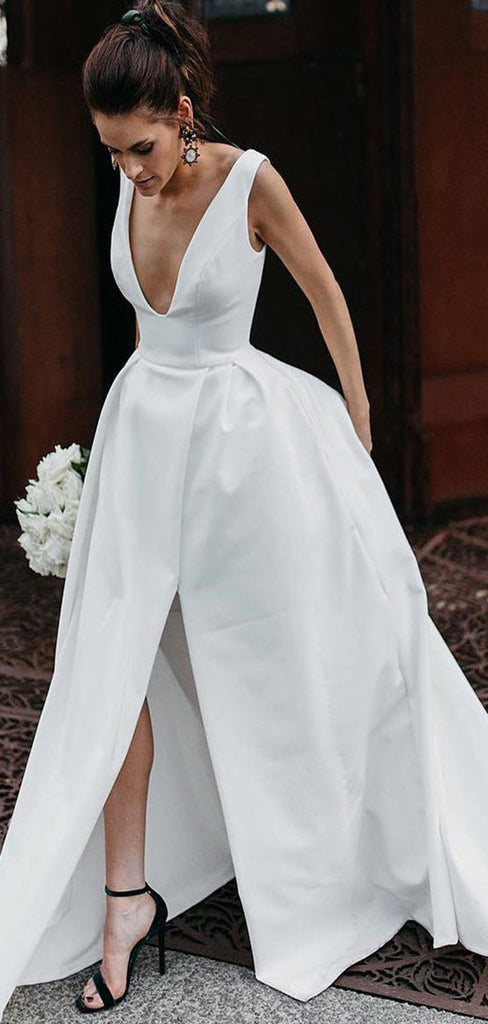 A-line Simple V-Neck Satin Chic Long Ivory Wedding Dresses WD016