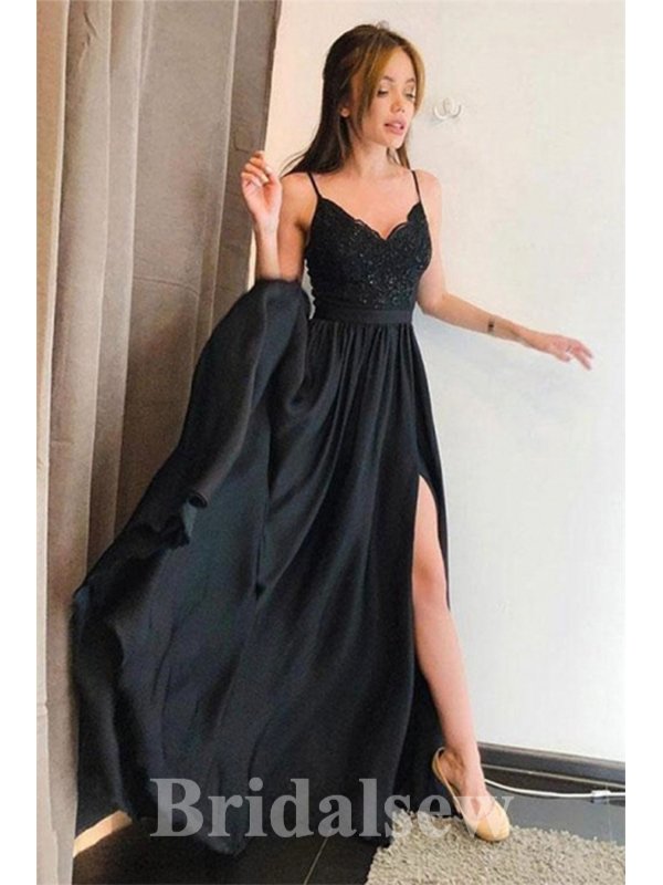 A-line Spaghetti Straps Black Slit Stylish Party Evening Long Prom Dresses PD1129