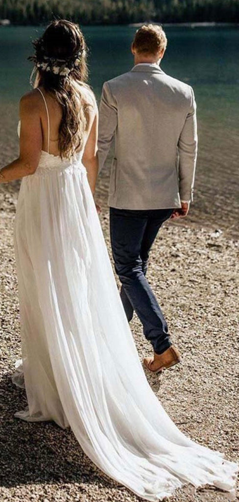 A-line Spaghetti Straps Fairy Lace Boho Beach Vintage Long Wedding Dresses WD287
