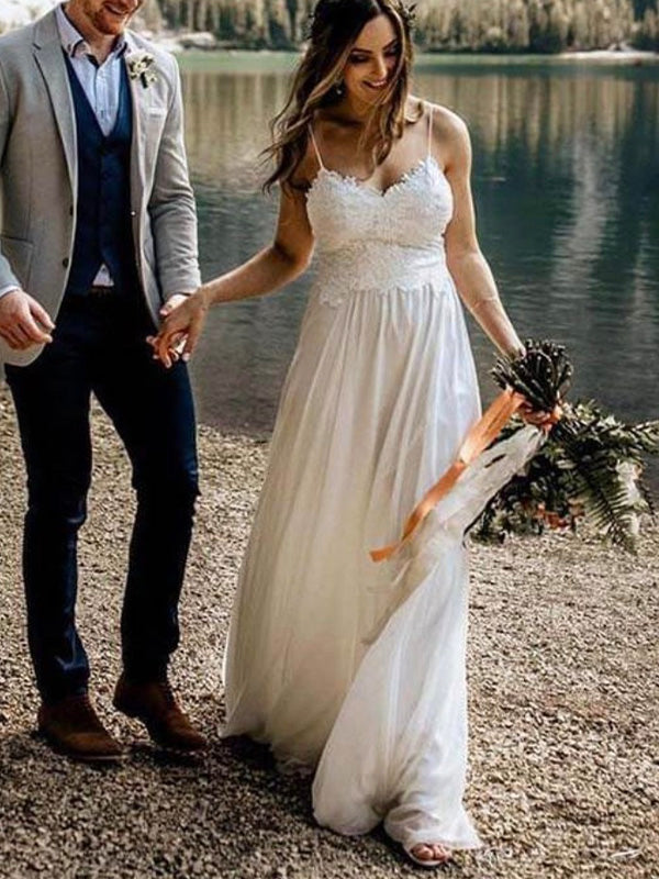 A-line Spaghetti Straps Fairy Lace Boho Beach Vintage Long Wedding Dresses WD287