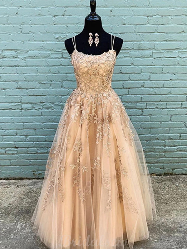 A-line Spaghetti Straps Lace Popular Elegant Prom Dresses PD068