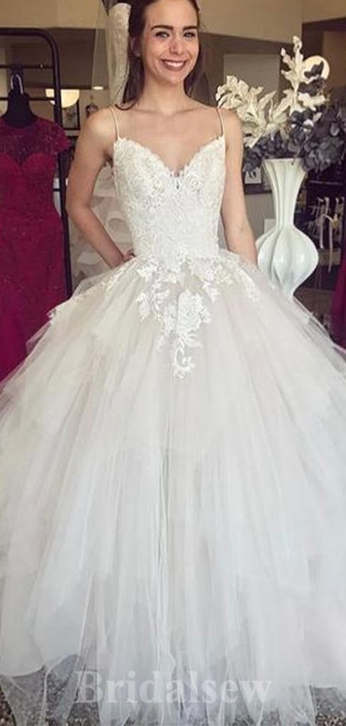 A-line Spaghetti Straps Lace Tulle Dream Beach Vintage Long Wedding Dresses WD360