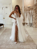 A-line Spaghetti Straps Lace Vintage Modest Wedding Dresses WD024