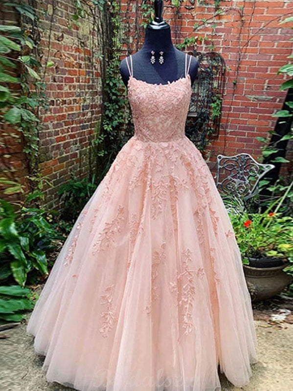 A-line Spaghetti Straps Pink Lace Tulle Formal Prom Dresses PD067