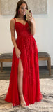 A-line Spaghetti Straps Red Lace Modest Long Women Evening Prom Dresses PD875