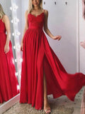 A-line Spaghetti Straps Red Sleeveless Modest Long Prom Dresses, Ball Gown PD438