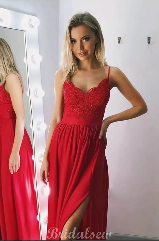 A-line Spaghetti Straps Red Sleeveless Modest Long Prom Dresses, Ball Gown PD438