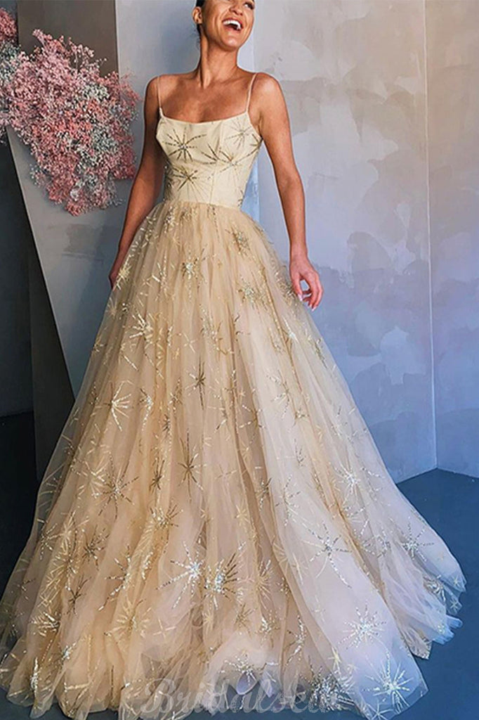 A-line Spaghetti Straps Tulle Elegant Prom Dresses PD007