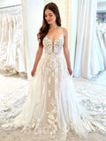 A-line Spaghetti Straps Tulle Lace New Fairy Beach Vintage Long Wedding Dresses, Dream Bridal Gown WD428