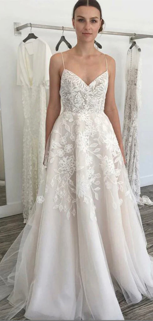 A-line Spaghetti Straps Unique Beach Vintage Long Wedding Dresses WD283