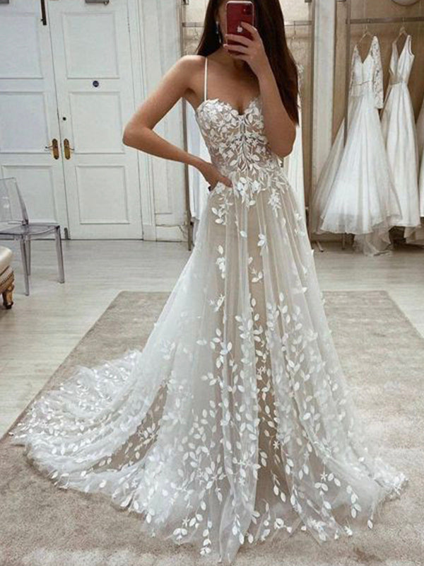 A-line Spaghetti Straps Unique Fashion Lace Long Vintage Wedding Dresses WD041