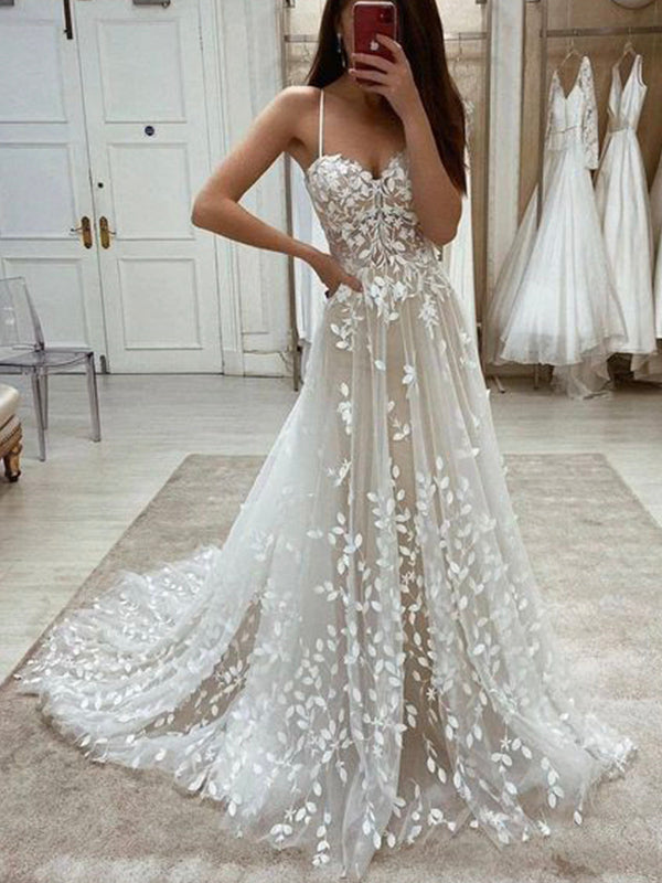 A-line Spaghetti Straps Unique Fashion Lace Long Vintage Wedding Dress bridalsew A-line Spaghetti Straps Unique Fashion Lace Long Vintage Wedding Dress bridalsew