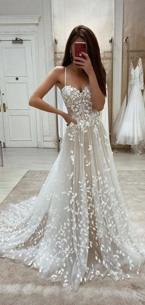 A-line Spaghetti Straps Unique Fashion Lace Long Vintage Wedding Dresses WD041