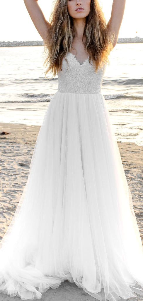 A-line Spaghetti Straps Tulle Dream Beach Long Wedding Dresses WD174