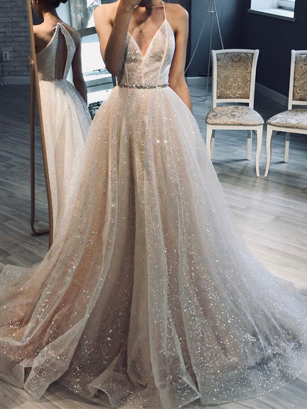 A-line Sparkle Glitter Beach Wedding Dresses, Gorgeous Prom Dress