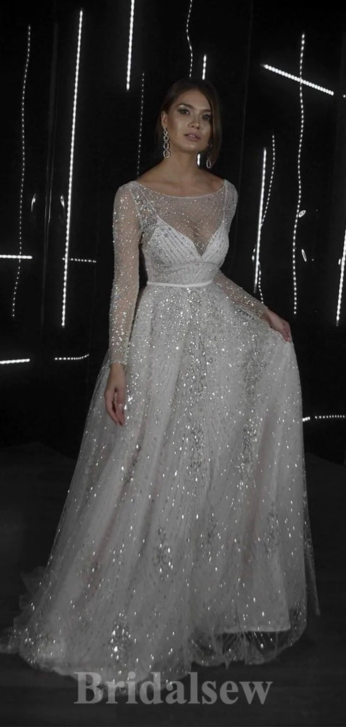 A-line Sparkly Beach Long Sleeves Dream Romantic Vintage Long Wedding Dresses WD405