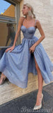 A-line Sparkly Blue Sequin Princess Modest Party Long Prom Dresses, Homecoming Dress PD455