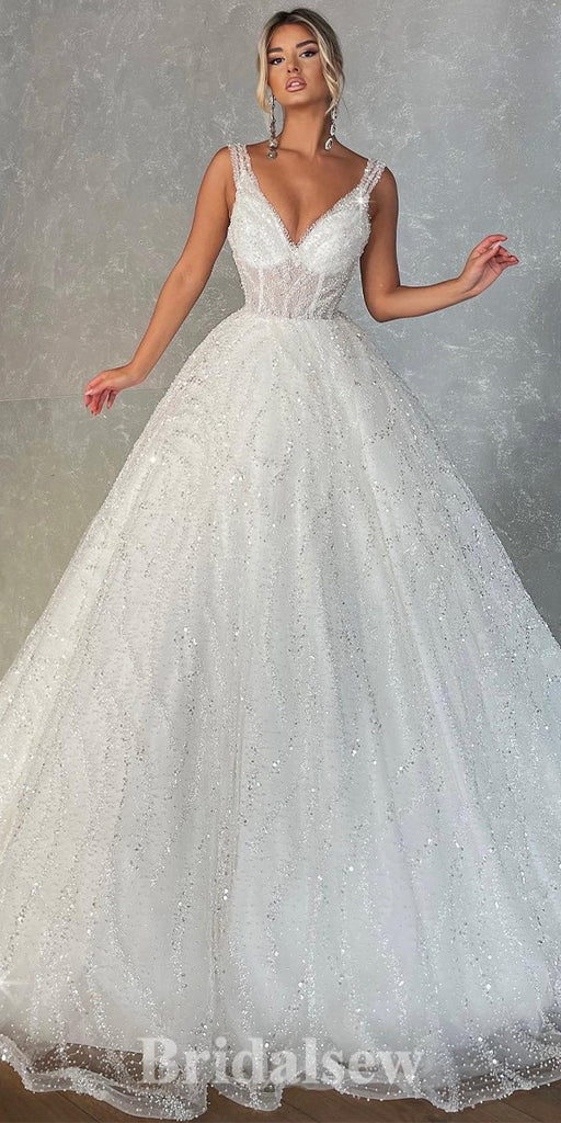 A-line Sparkly Glitter Princess Vintage Dream Beach Long Wedding Dresses, Bridal Gown WD489