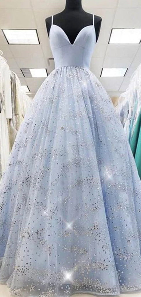 A-line Sparkly Light Blue Modest Party Formal Long Evening Prom Dresses PD283