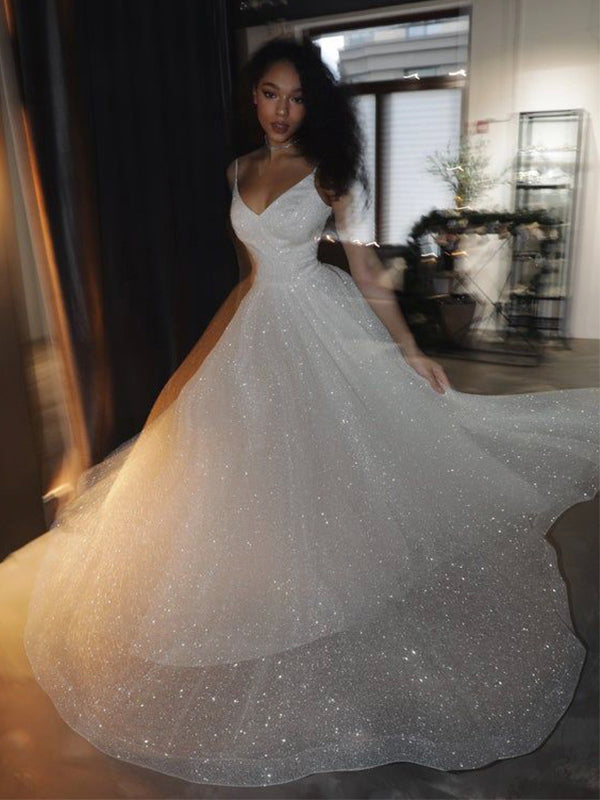 A-line Sparkly Sequin Princess Pretty Long Wedding Dresses WD071