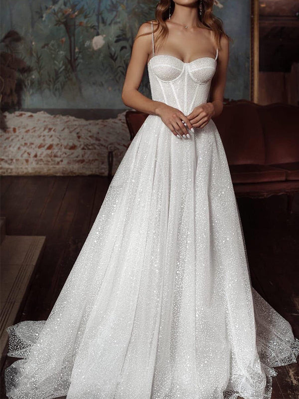 sequin second wedding dress Glamour White Gradient Sequin Square Neck Wedding Dress Nude Beige