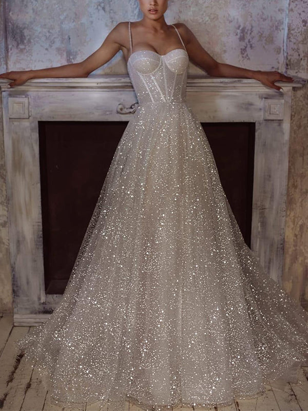 A-line Sparkly Sequin Spaghetti Straps Unique Beach Wedding Dresses, B bridalsew A-line Sparkly Sequin Spaghetti Straps Unique Beach Wedding Dresses, B bridalsew