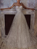 A-line Sparkly Sequin Spaghetti Straps Unique Beach Wedding Dresses, Bridal Gown WD087