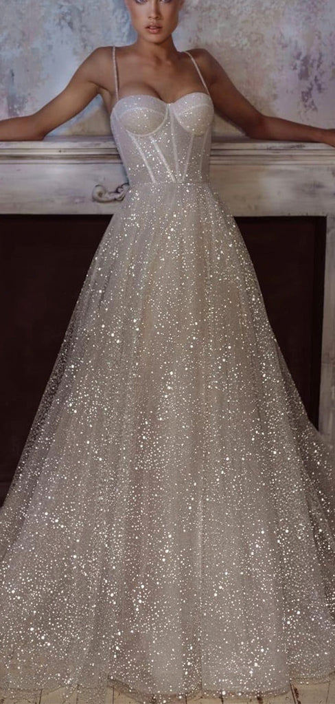 A-line Sparkly Sequin Spaghetti Straps Unique Beach Wedding Dresses, B bridalsew A-line Sparkly Sequin Spaghetti Straps Unique Beach Wedding Dresses, B bridalsew
