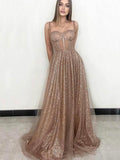 A-line Sparkly Sequin Tulle Elegant Fashion Formal Long Evening Prom Dresses PD281