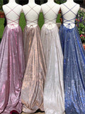 A-line Sparkly Spaghetti Straps Long Vintage Shining Simple Prom Dresses PD130