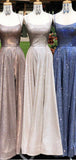 A-line Sparkly Spaghetti Straps Long Vintage Shining Simple Prom Dresses PD130