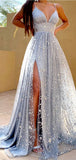 A-line Sparkly Unique Sequin Modest Party Formal Long Evening Prom Dresses PD284