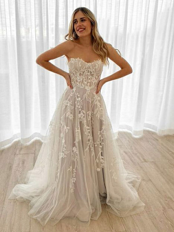 A-line Strapless Lace Vintage Modest Beach Long Wedding Dresses WD251 bridalsew A-line Strapless Lace Vintage Modest Beach Long Wedding Dresses WD251 bridalsew