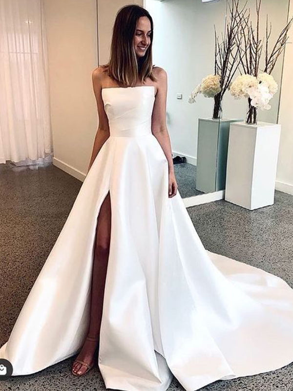 A-line Strapless Simple Satin Long Wedding Dresses, Bridal Gown WD082 bridalsew A-line Strapless Simple Satin Long Wedding Dresses, Bridal Gown WD082 bridalsew