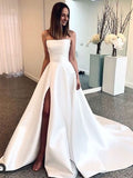 A-line Strapless Simple Satin Long Wedding Dresses, Bridal Gown WD082