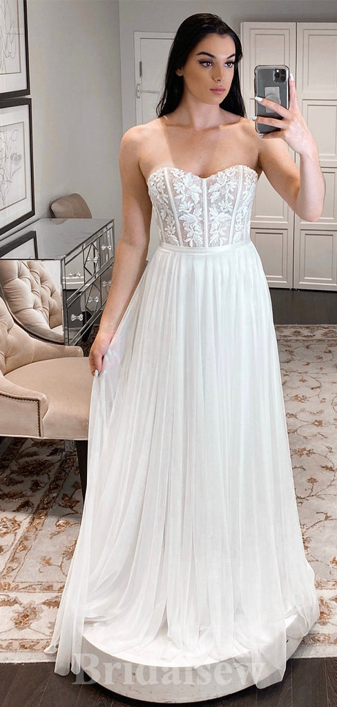 A-line Strapless Unique Design Best Vintage Long Elegant Wedding Dresses WD410