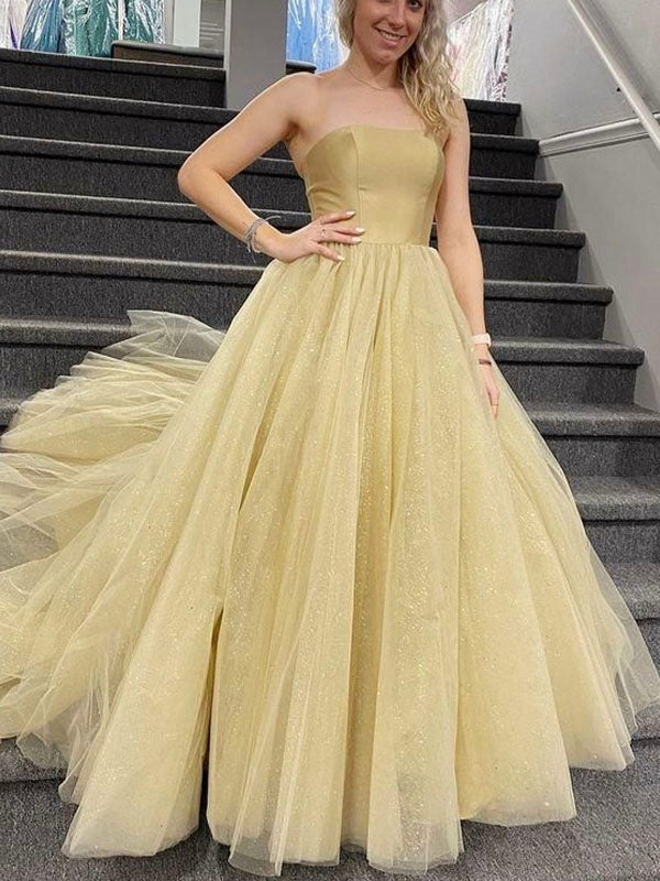 A-line Strapless Yellow Sparkly Sequin Modest Evening Long Prom Dresses PD329