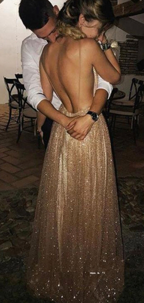 A-line Stylish Sparkly Sequin Open Back Long Prom Dresses PD143
